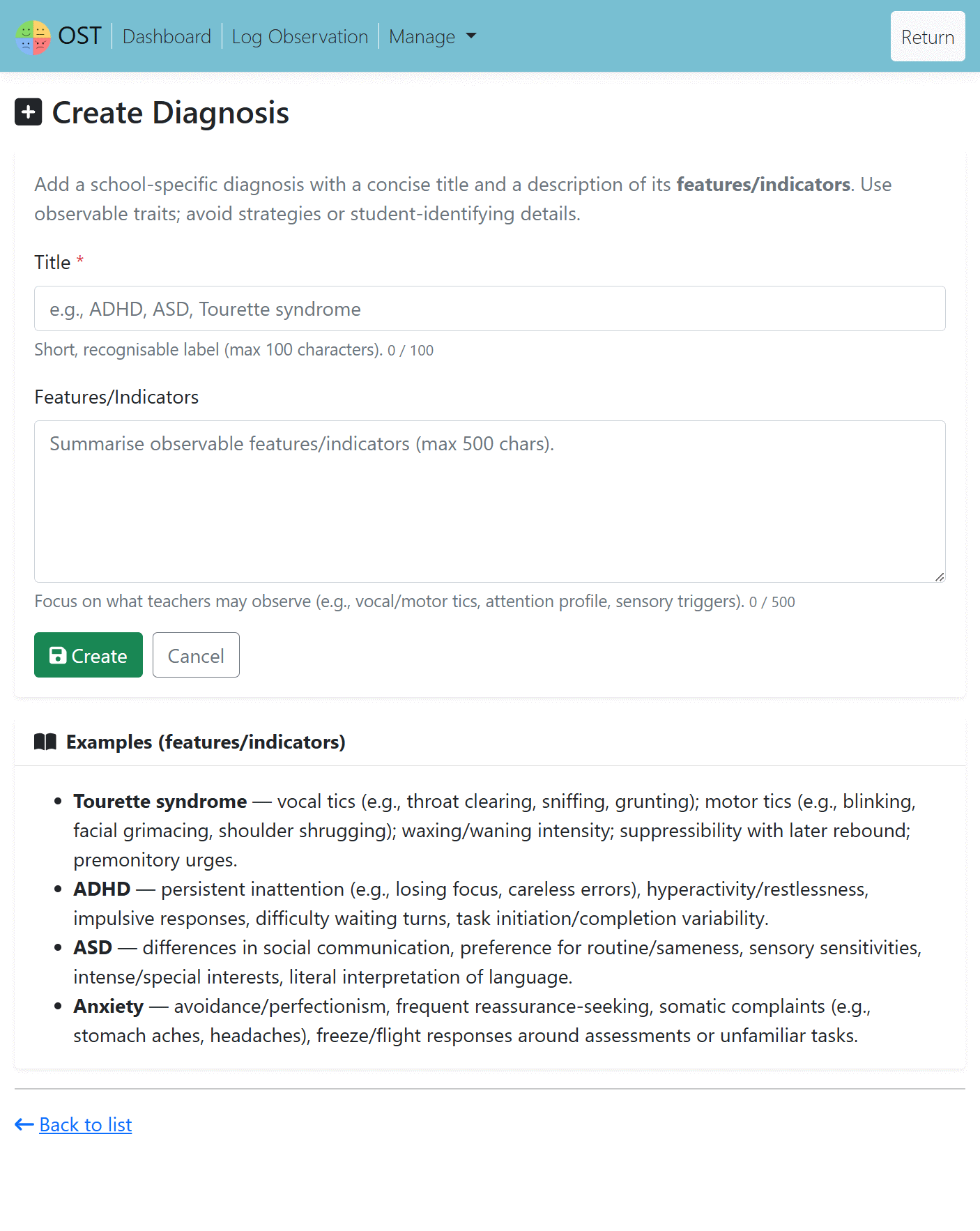 Create a diagnostic specific for the school